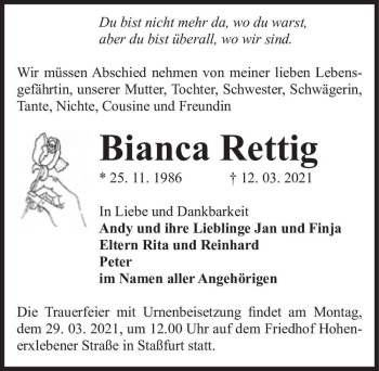 Traueranzeige von Bianca Rettig  von Magdeburger Volksstimme