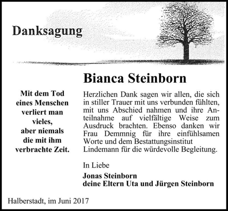  Traueranzeige für Bianca Steinborn  vom 01.07.2017 aus Magdeburger Volksstimme