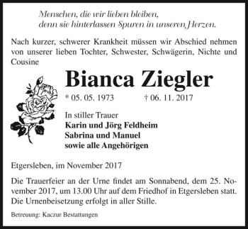 Traueranzeige von Bianca Ziegler  von Magdeburger Volksstimme