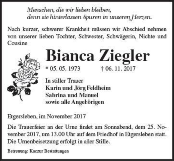 Traueranzeige von Bianca Ziegler  von Magdeburger Volksstimme