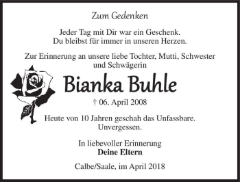 Traueranzeige von Bianka Buhle  von Magdeburger Volksstimme