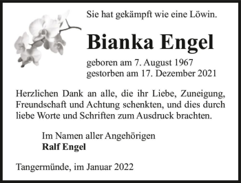 Traueranzeige von Bianka Engel  von Magdeburger Volksstimme