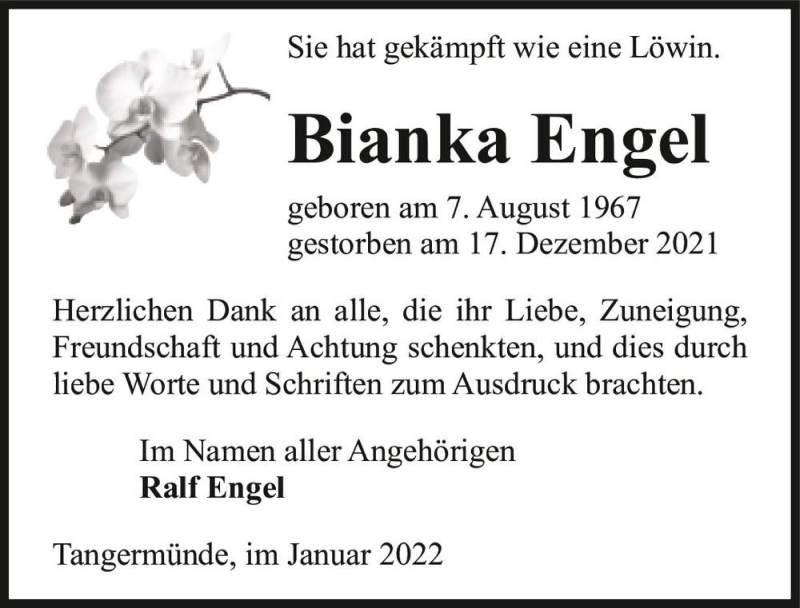  Traueranzeige für Bianka Engel  vom 14.01.2022 aus Magdeburger Volksstimme
