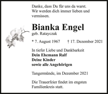 Traueranzeige von Bianka Engel (geb. Ratayczak)  von Magdeburger Volksstimme