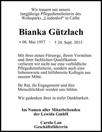 Traueranzeige von Bianka Gützlach  von Magdeburger Volksstimme