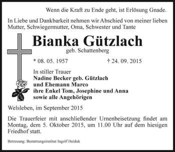 Traueranzeige von Bianka Gützlach (geb. Schattenberg)  von Magdeburger Volksstimme
