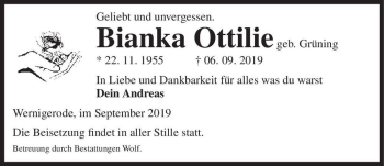 Traueranzeige von Bianka Ottilie (geb. Grüning)  von Magdeburger Volksstimme