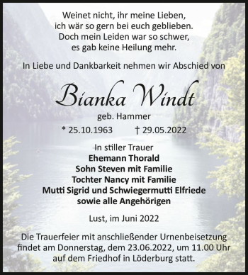 Traueranzeige von Bianka Windt (geb. Hammer)  von Magdeburger Volksstimme