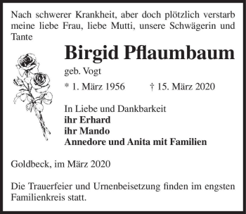 Traueranzeige von Birgid Pflaumbaum (geb. Vogt)  von Magdeburger Volksstimme