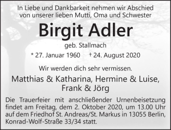 Traueranzeige von Birgit Adler (geb. Stallmach)  von Magdeburger Volksstimme