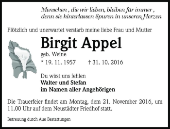 Traueranzeige von Birgit Appel (geb. Weine)  von Magdeburger Volksstimme