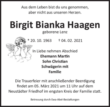 Traueranzeige von Birgit Bianka Haagen (geb. Lenz)  von Magdeburger Volksstimme