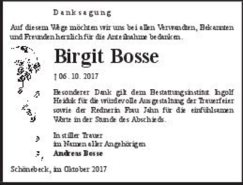 Traueranzeige von Birgit Bosse  von Magdeburger Volksstimme