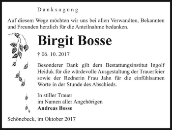 Traueranzeige von Birgit Bosse  von Magdeburger Volksstimme