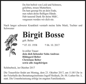 Traueranzeige von Birgit Bosse (geb. Belter)  von Magdeburger Volksstimme