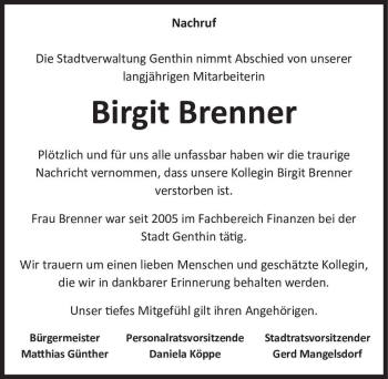 Traueranzeige von Birgit Brenner  von Magdeburger Volksstimme