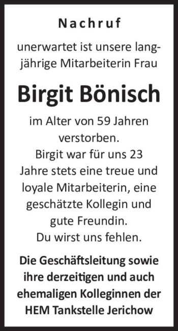Traueranzeige von Birgit Bönisch  von Magdeburger Volksstimme