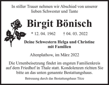 Traueranzeige von Birgit Bönisch  von Magdeburger Volksstimme
