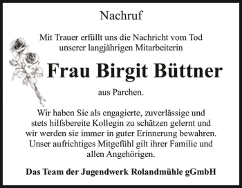 Traueranzeige von Birgit Büttner  von Magdeburger Volksstimme