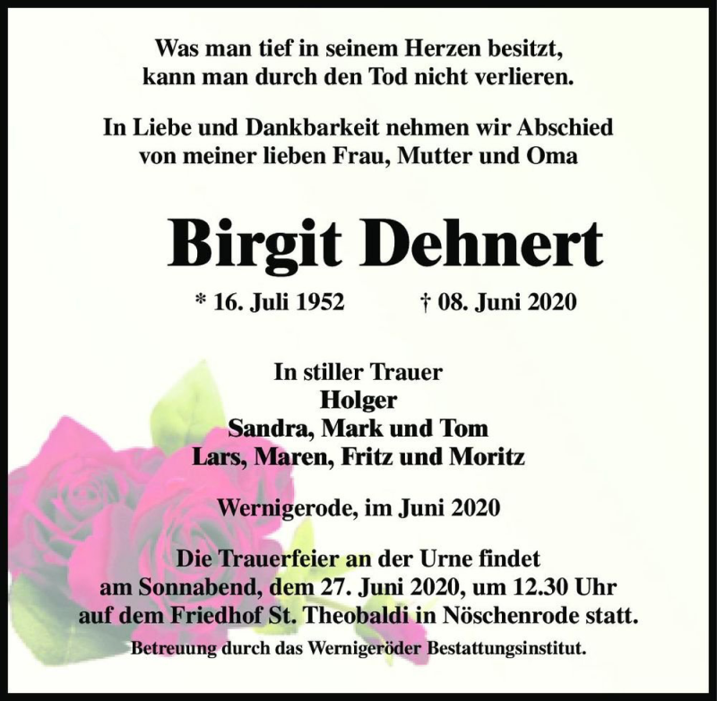  Traueranzeige für Birgit Dehnert  vom 15.06.2020 aus Magdeburger Volksstimme
