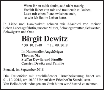 Traueranzeige von Birgit Dewitz  von Magdeburger Volksstimme