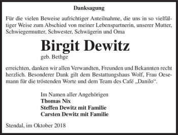 Traueranzeige von Birgit Dewitz (geb. Bethge)  von Magdeburger Volksstimme