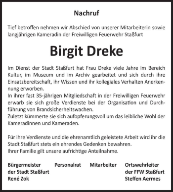 Traueranzeige von Birgit Dreke  von Magdeburger Volksstimme