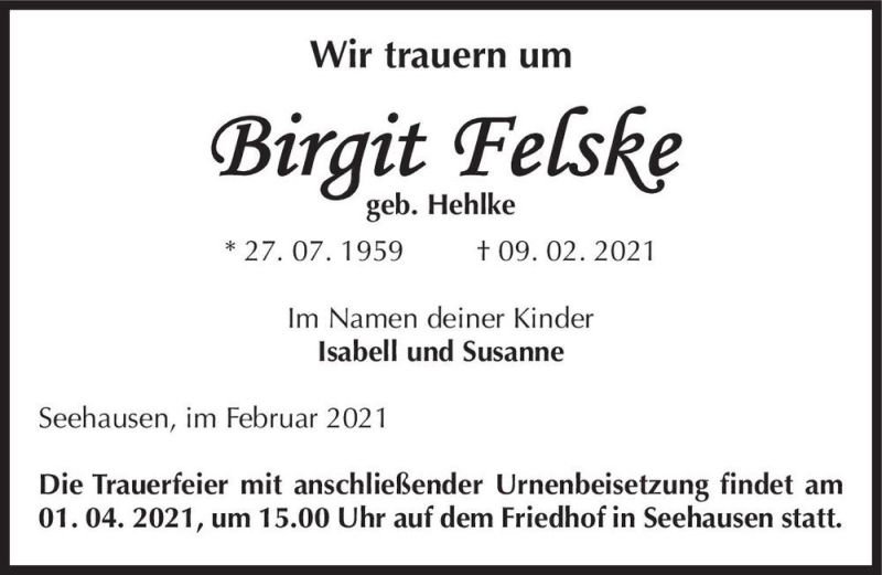  Traueranzeige für Birgit Felske (geb. Hehlke)  vom 27.03.2021 aus Magdeburger Volksstimme