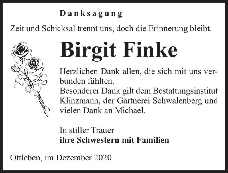  Traueranzeige für Birgit Finke  vom 05.12.2020 aus Magdeburger Volksstimme