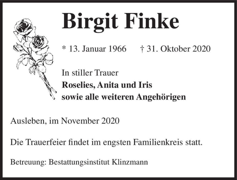  Traueranzeige für Birgit Finke  vom 21.11.2020 aus Magdeburger Volksstimme
