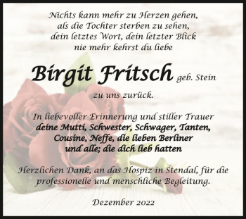 Traueranzeige von Birgit Fritsch (geb. Stein)  von Magdeburger Volksstimme
