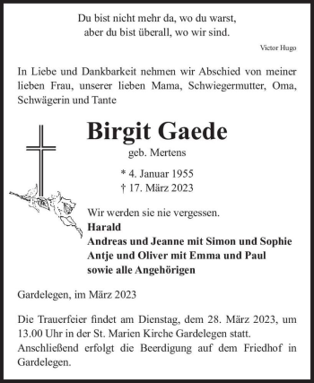 Traueranzeige von Birgit Gaede (geb. Mertens)  von Magdeburger Volksstimme