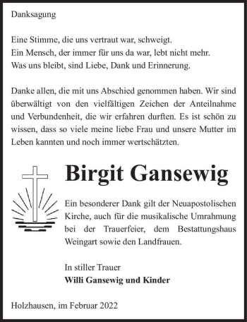 Traueranzeige von Birgit Gansewig  von Magdeburger Volksstimme