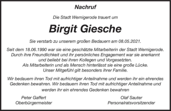 Traueranzeige von Birgit Giesche  von Magdeburger Volksstimme