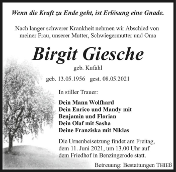 Traueranzeige von Birgit Giesche (geb. Kufahl)  von Magdeburger Volksstimme