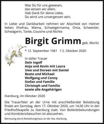 Traueranzeige von Birgit Grimm (geb. Moritz)  von Magdeburger Volksstimme