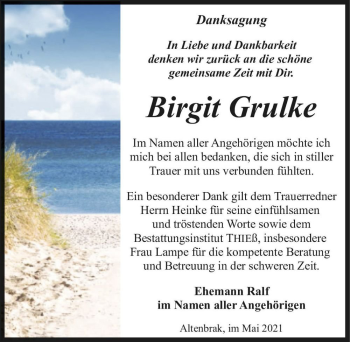 Traueranzeige von Birgit Grulke  von Magdeburger Volksstimme