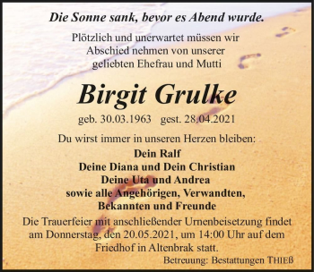 Traueranzeige von Birgit Grulke  von Magdeburger Volksstimme