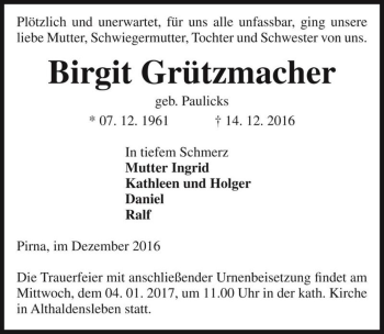 Traueranzeige von Birgit Grützmacher (geb. Paulicks)  von Magdeburger Volksstimme