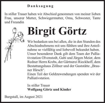 Traueranzeige von Birgit Görtz  von Magdeburger Volksstimme
