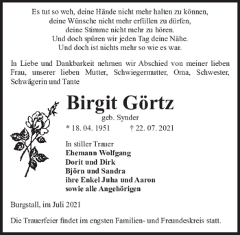 Traueranzeige von Birgit Görtz (geb. Synder)  von Magdeburger Volksstimme