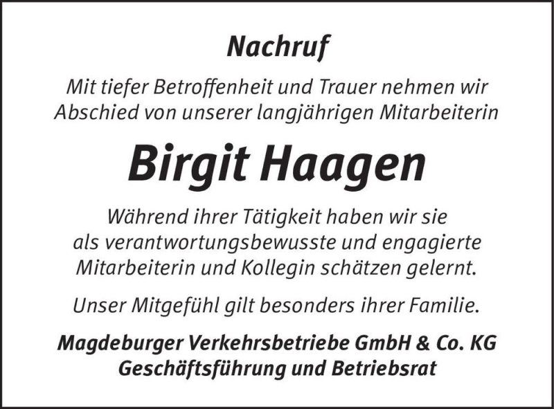  Traueranzeige für Birgit Haagen  vom 20.02.2021 aus Magdeburger Volksstimme