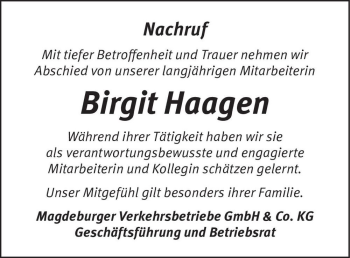 Traueranzeige von Birgit Haagen  von Magdeburger Volksstimme