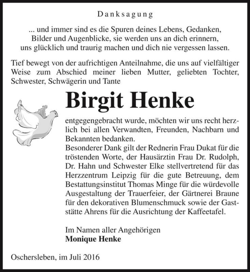  Traueranzeige für Birgit Henke  vom 23.07.2016 aus Magdeburger Volksstimme