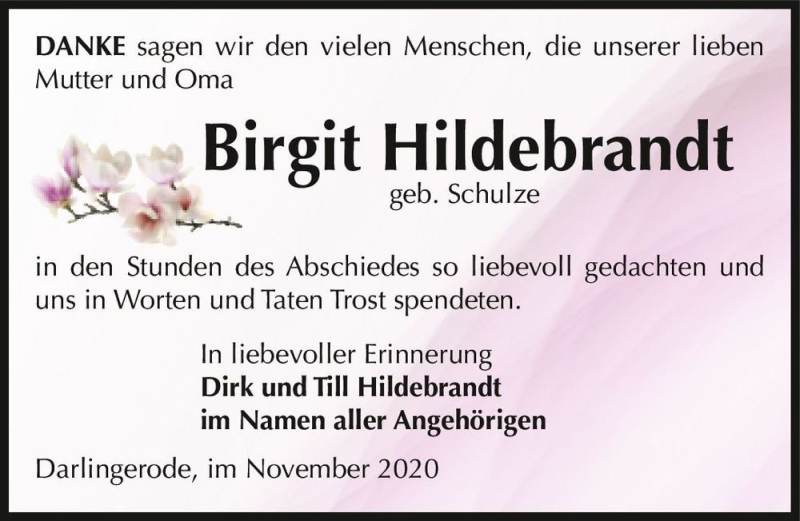  Traueranzeige für Birgit Hildebrandt (geb. Schulze)  vom 05.12.2020 aus Magdeburger Volksstimme