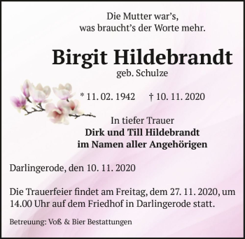 Traueranzeige von Birgit Hildebrandt (geb. Schulze)  von Magdeburger Volksstimme