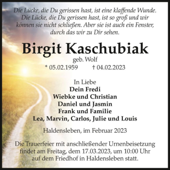 Traueranzeige von Birgit Kaschubiak (geb. Wolf)  von Magdeburger Volksstimme