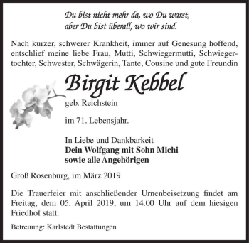Traueranzeige von Birgit Kebbel (geb. Reichstein)  von Magdeburger Volksstimme