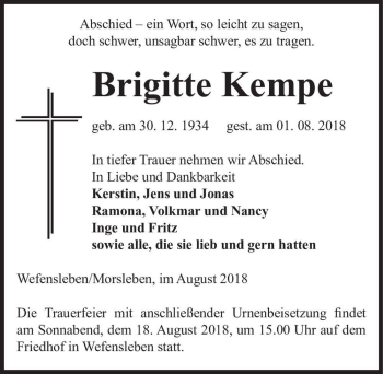 Traueranzeige von Birgit Kempe  von Magdeburger Volksstimme