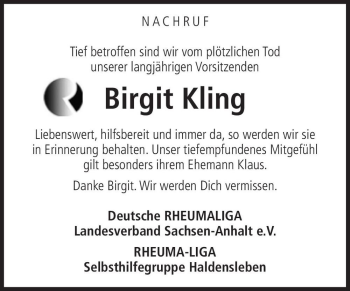 Traueranzeige von Birgit Kling  von Magdeburger Volksstimme
